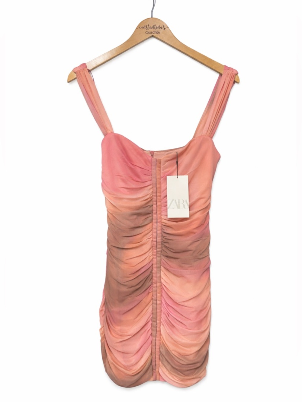ZARA Blogger Fav Short Printed Tulle Dress Pink Orange Ombre Ruched Bodycon Mini - Picture 4 of 14